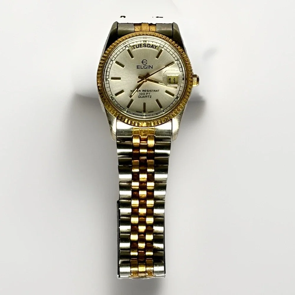 Vintage Elgin FC412 6M55 Two-Tone Day-Date Quartz Men's Watch 100ft